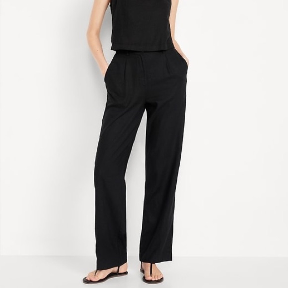 old navy black extra high waisted linen blend taylor wide leg trouser pants